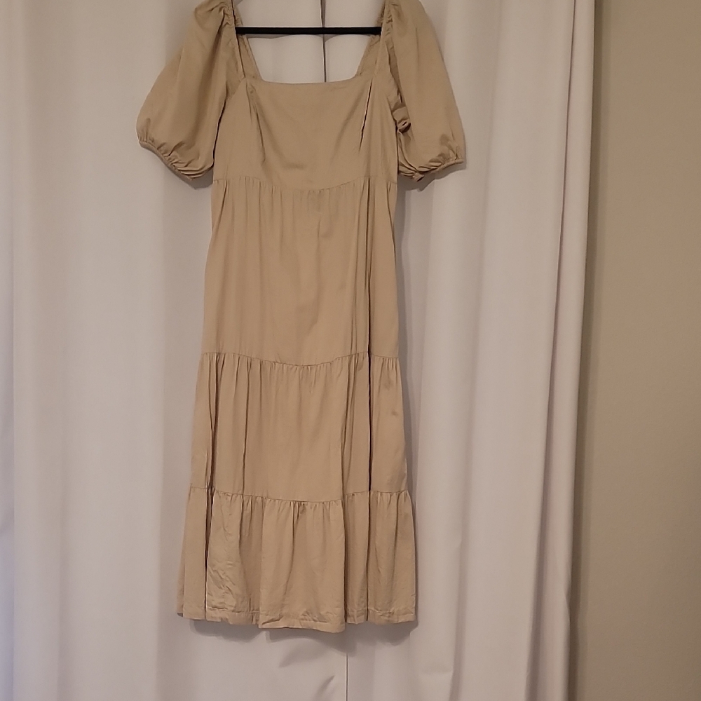 GAP Beige Midi Dress with Puff Sleeves